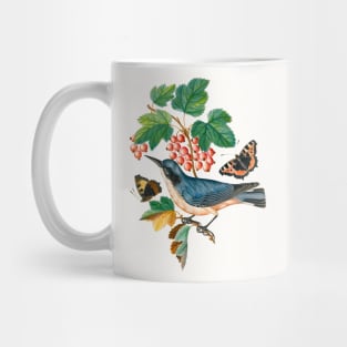 Subalpine warbler and eggs, strawberry, Red Admiral, wasp cocoon, ants and cocoons Mug